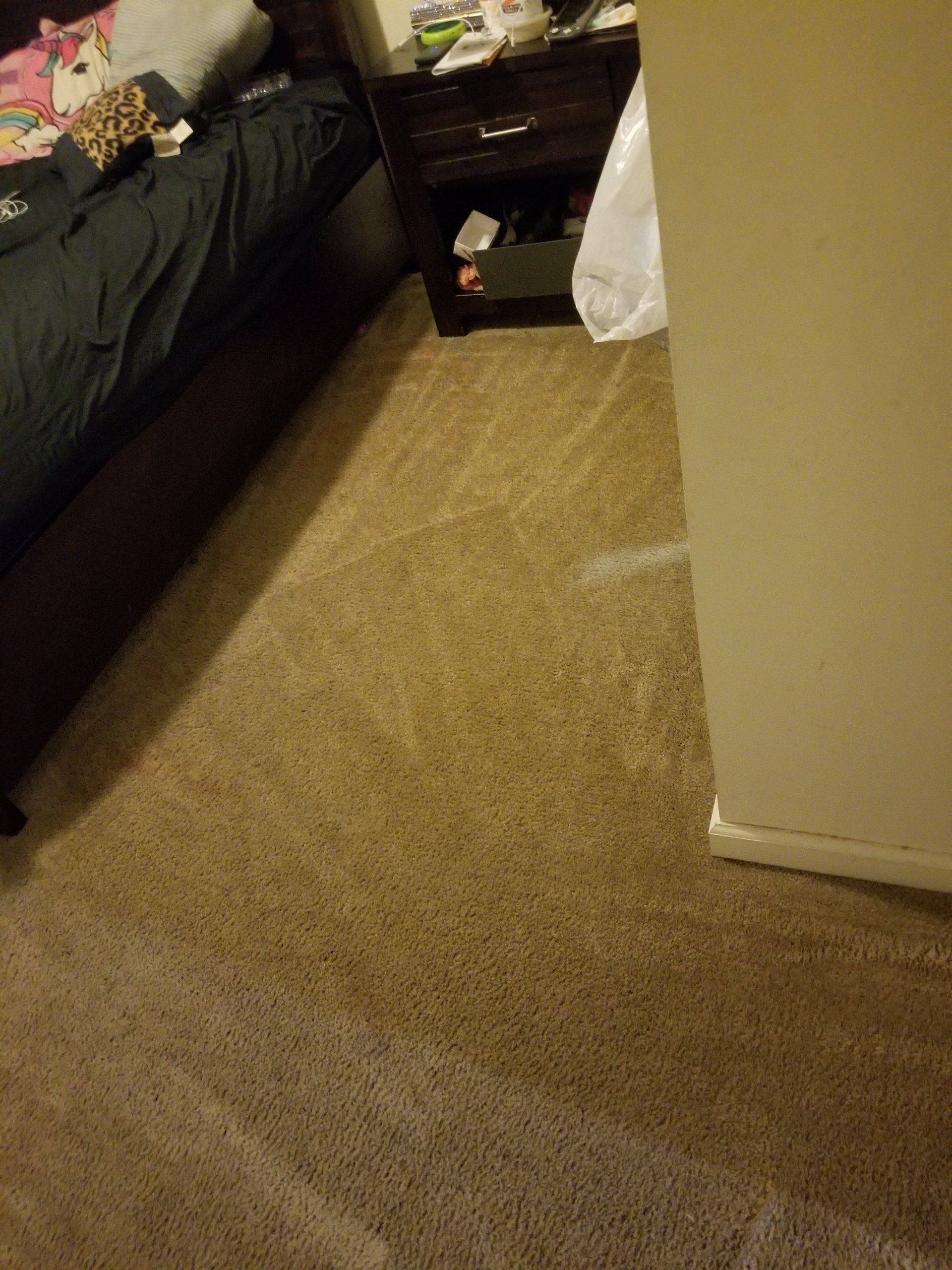 A high-angle view of a bedroom corner with tan carpeting, a bed with dark bedding, and a small wooden nightstand.