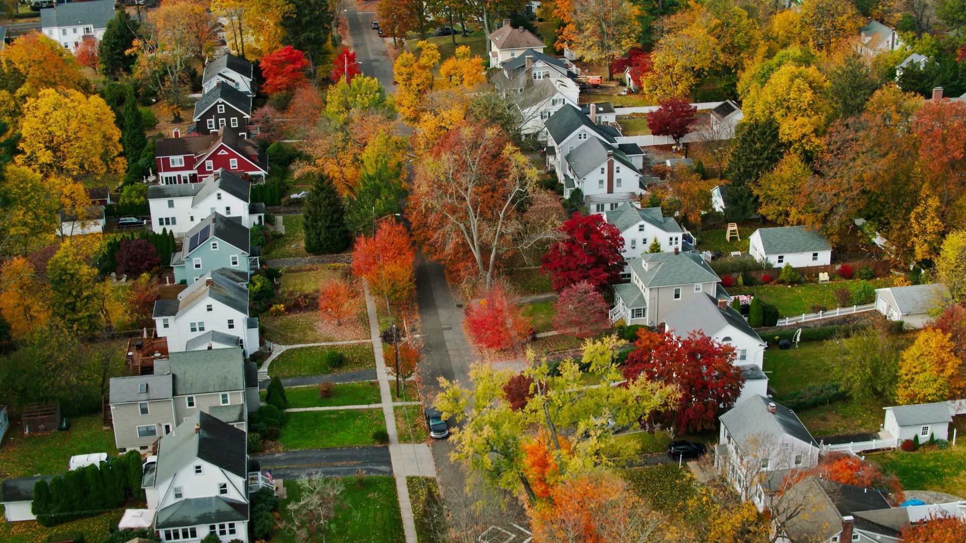 An aerial view of a residential neighborhood in the fall with trees changing colors. An aerial view of a residential neighborhood in the fall with trees changing colors.