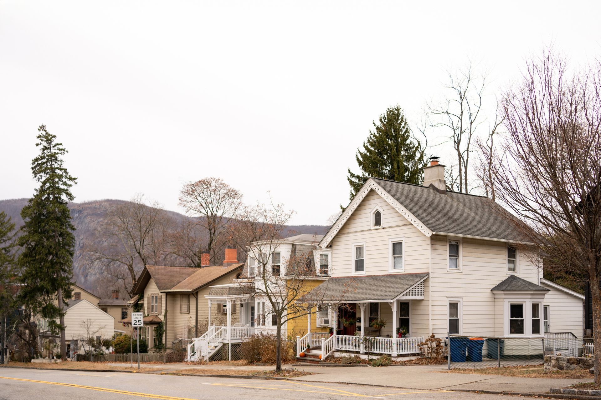 A row of houses on a street with mountains in the background.