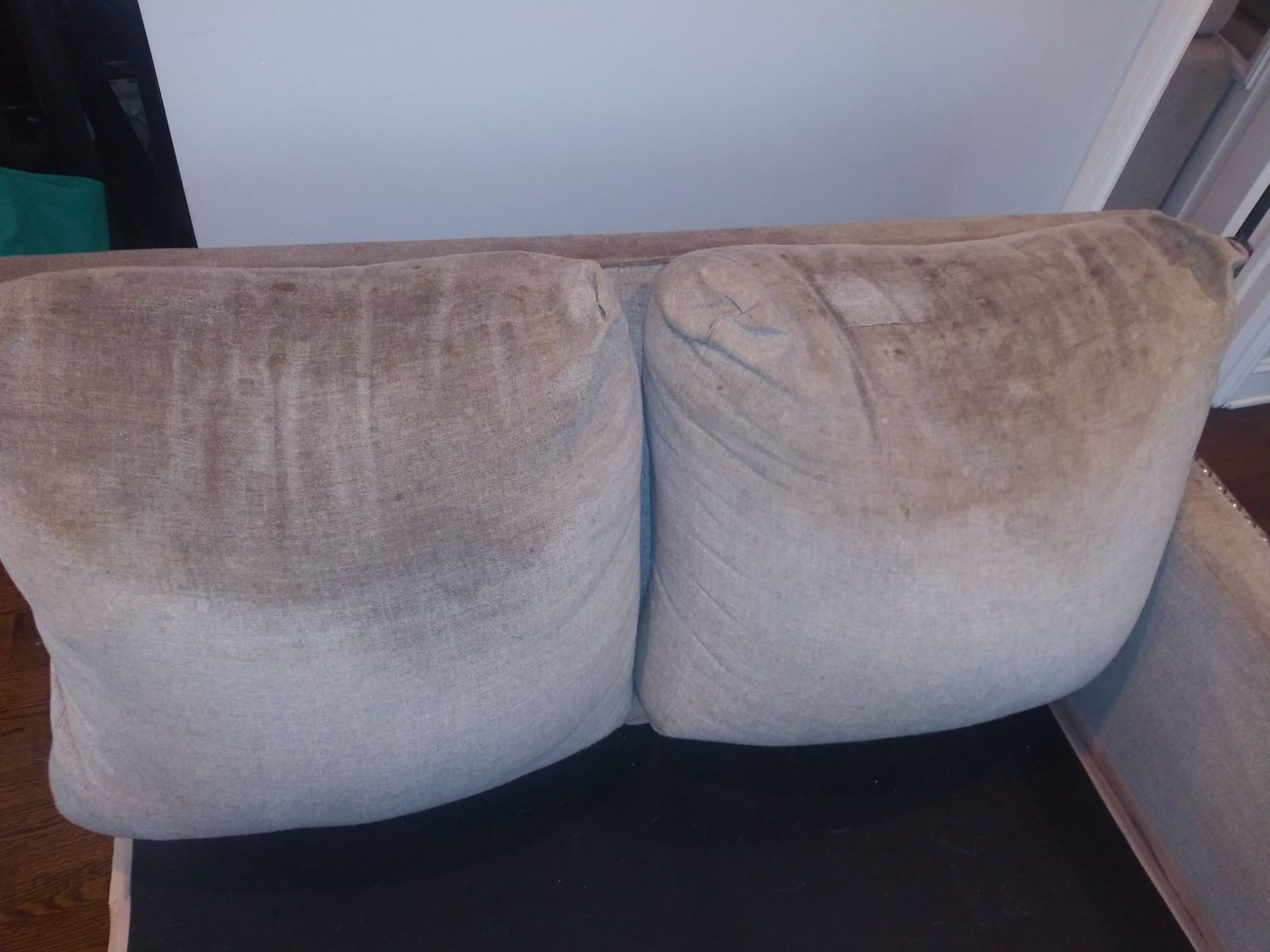 Two dusty, light-colored fabric sofa cushions sitting on a dark base.