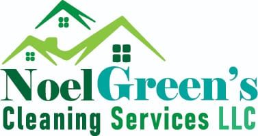 Logo for Noel Green's Cleaning Services LLC featuring green house outlines and dark green text on a white background.