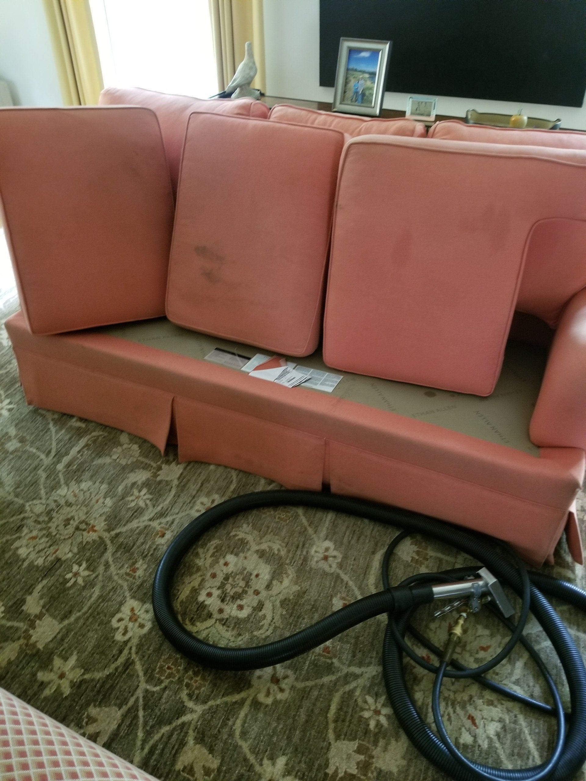 A salmon-colored sofa with detached cushions sitting on a patterned rug, with a vacuum hose resting on the floor.