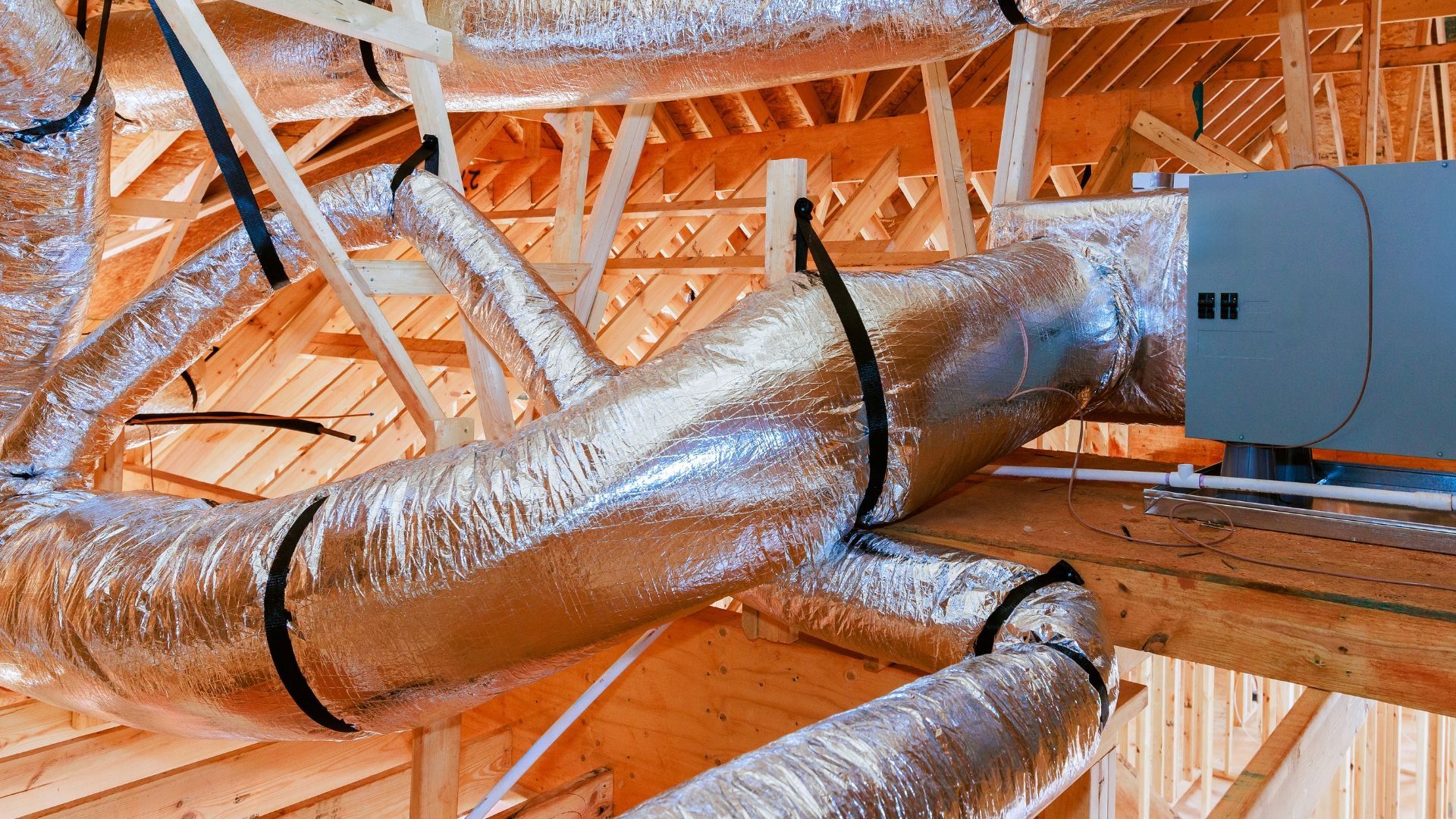 Attic HVAC ductwork wrapped in shiny insulation beneath exposed wooden roof trusses