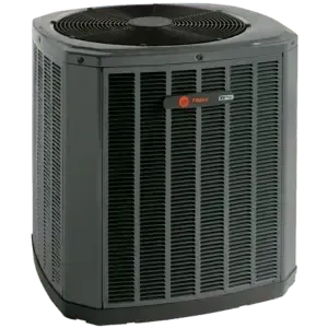 Gray outdoor air conditioner unit with a fan on top and vented front panels