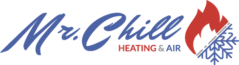 Mr. Chill logo: blue script text with a flame and snowflake icon. Red flame, blue snowflake; heating and air text.