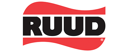 RUUD logo with black letters on a red wave-like background.