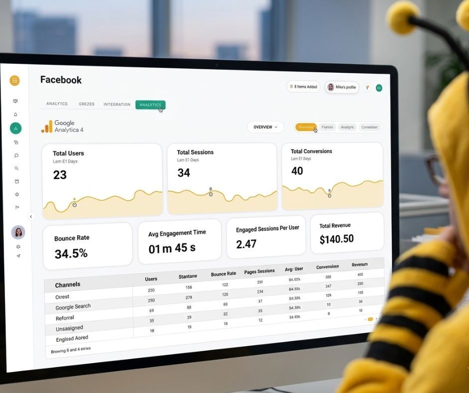 Analytics dashboard on a monitor showing charts, metrics, and a table in a modern office setting