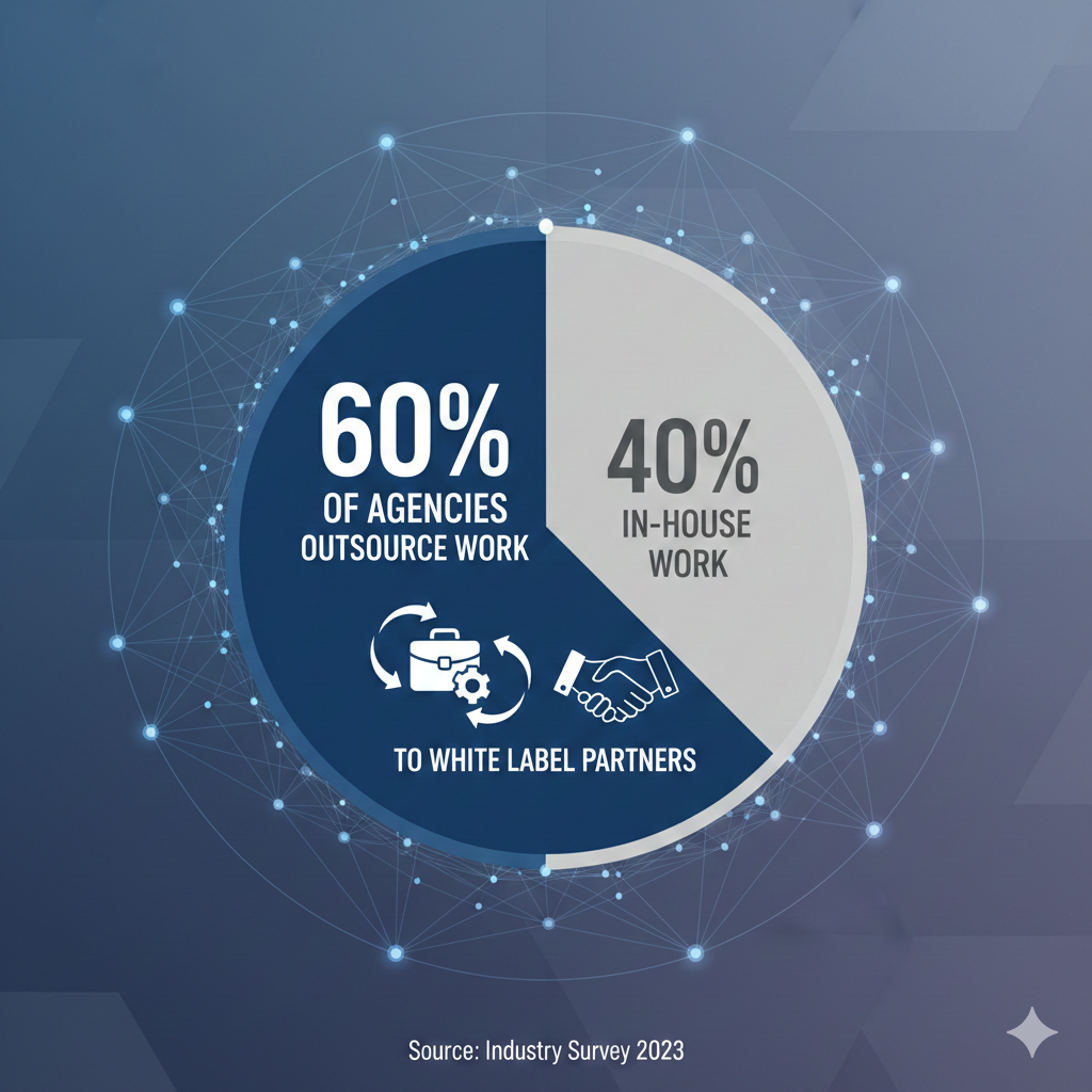 Infographic showing 60% of agency work outsourced to white label partners and 40% in-house work