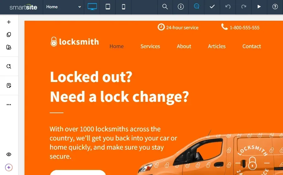 Orange locksmith website homepage with “Locked out? Need a lock change?” headline and service navigation