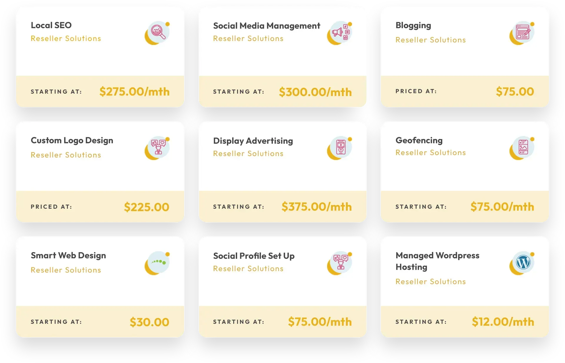 Grid of yellow-and-white budget cards with icons and dollar amounts
