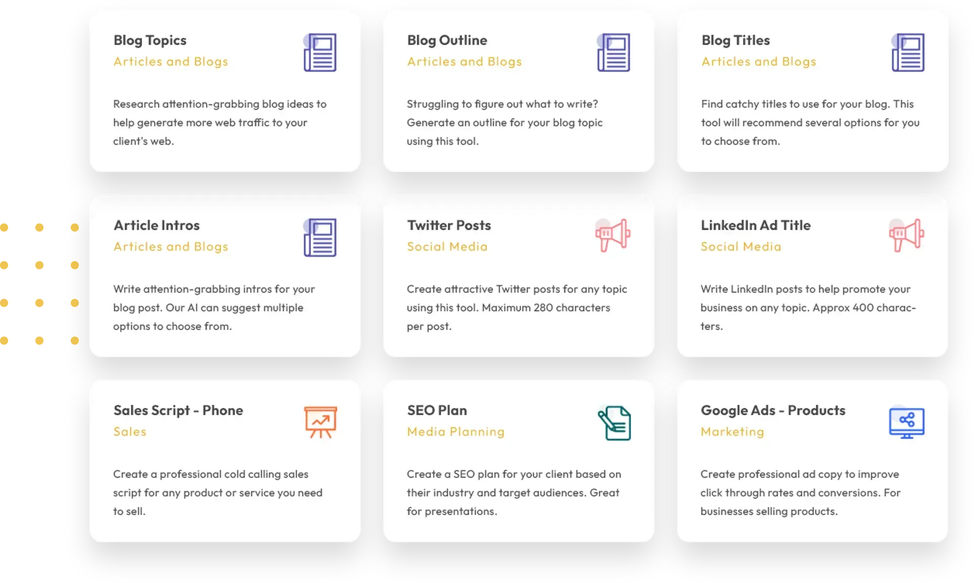 Website pricing plans displayed as nine white cards in a 3x3 grid on a light background.