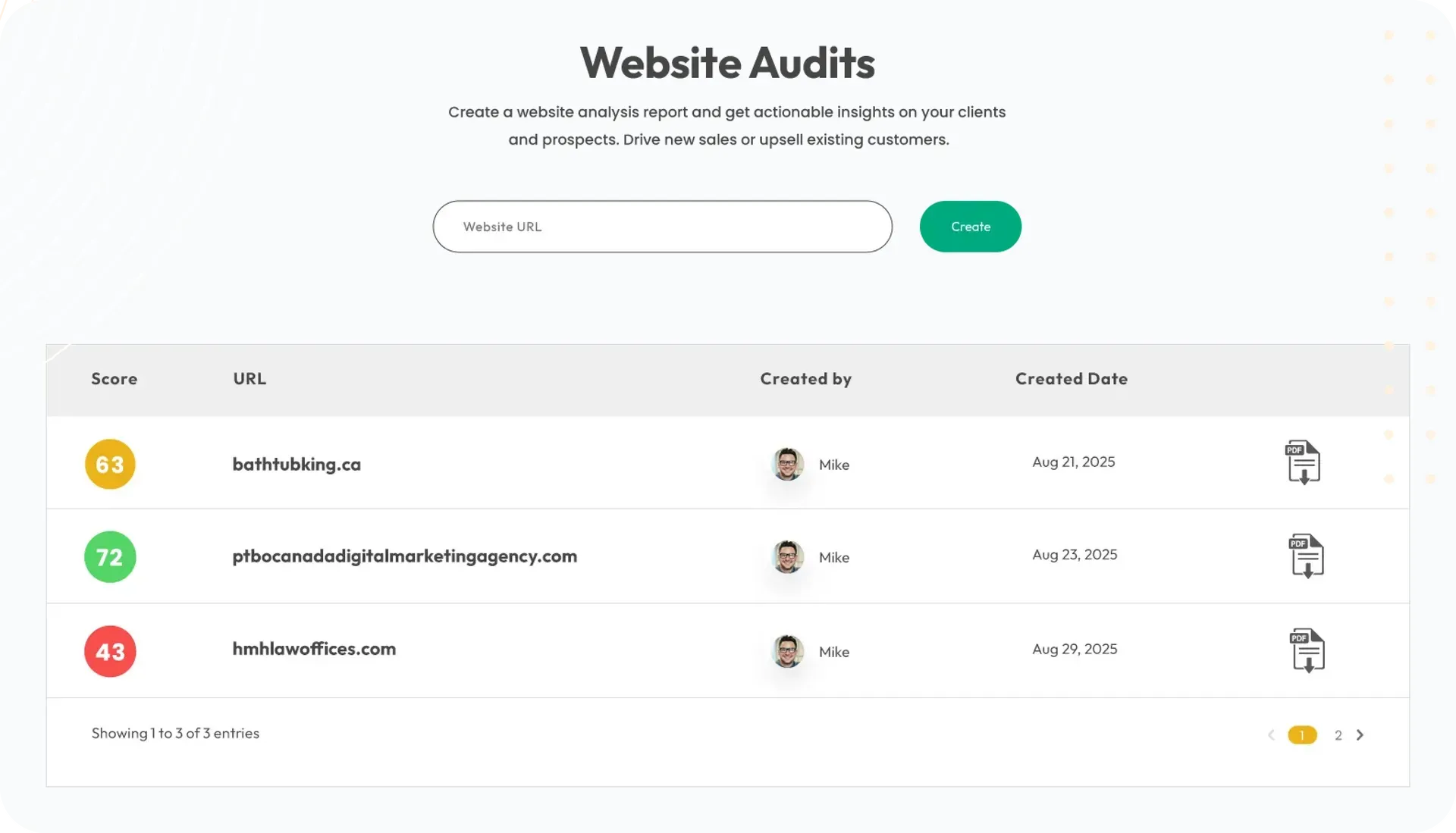Website audit dashboard with search bar and a table of entries showing status icons and dates