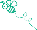 Green line-art bee flying with a dotted trail on a white background