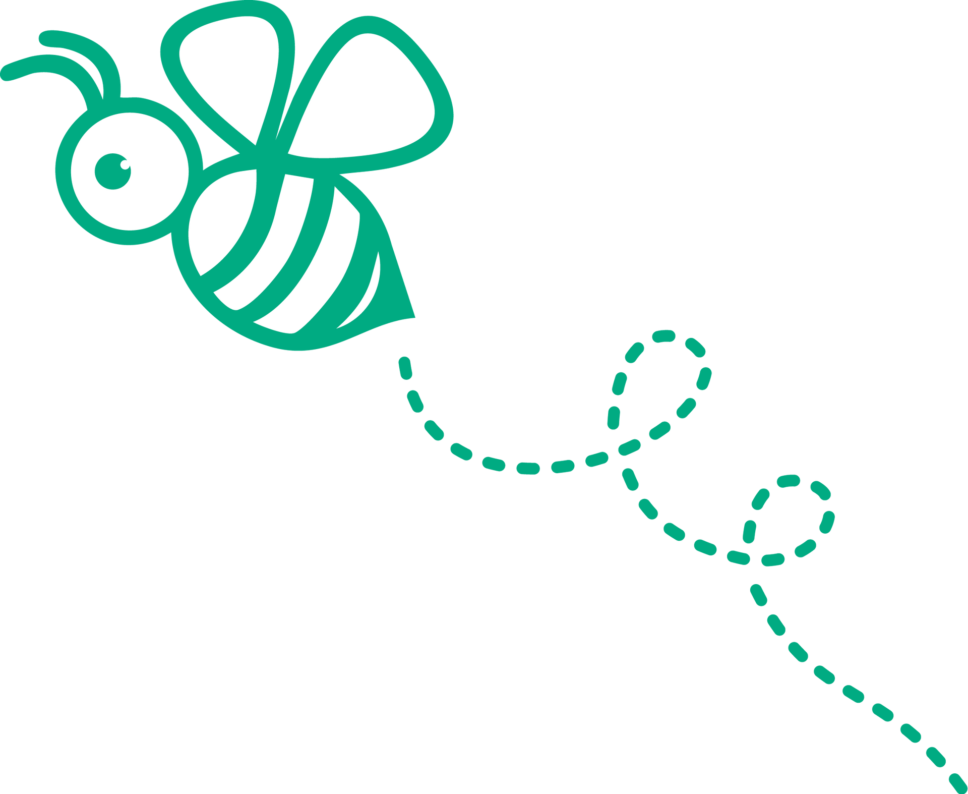 Green line-art bee flying with a dotted trail on a white background