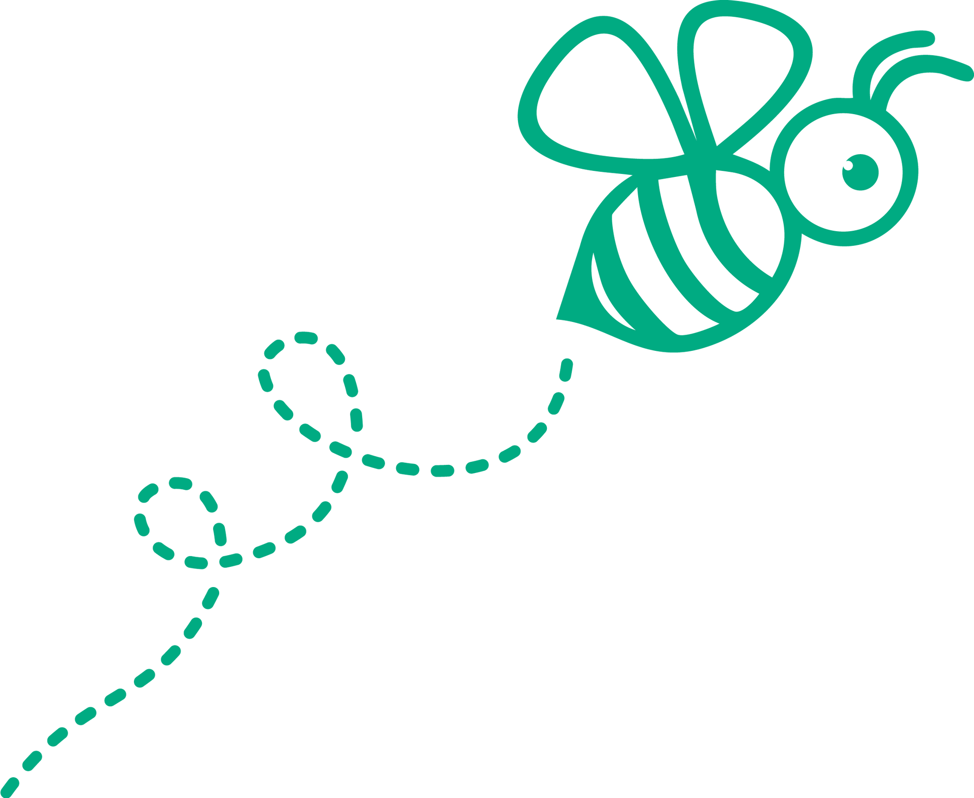 Green line-art bee with dotted flight trail on a white background