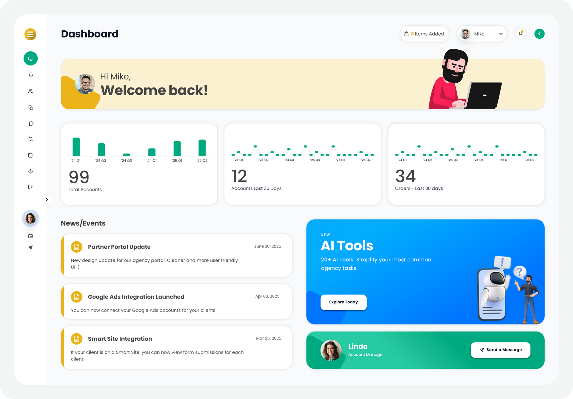 Dashboard analytics interface with charts, tasks, and a blue AI tools panel on a light background