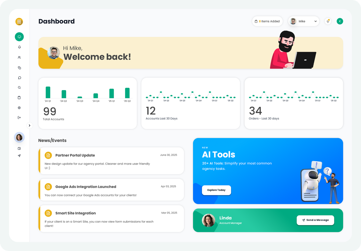 Dashboard with welcome banner, analytics cards, task list, and blue AI tools panel on a clean white interface