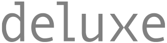 Gray lowercase word “deluxe” on a white background