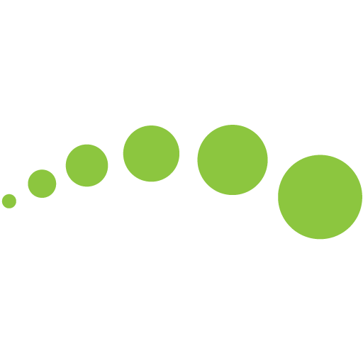 Green dots increasing in size across a white background, forming a curved arc