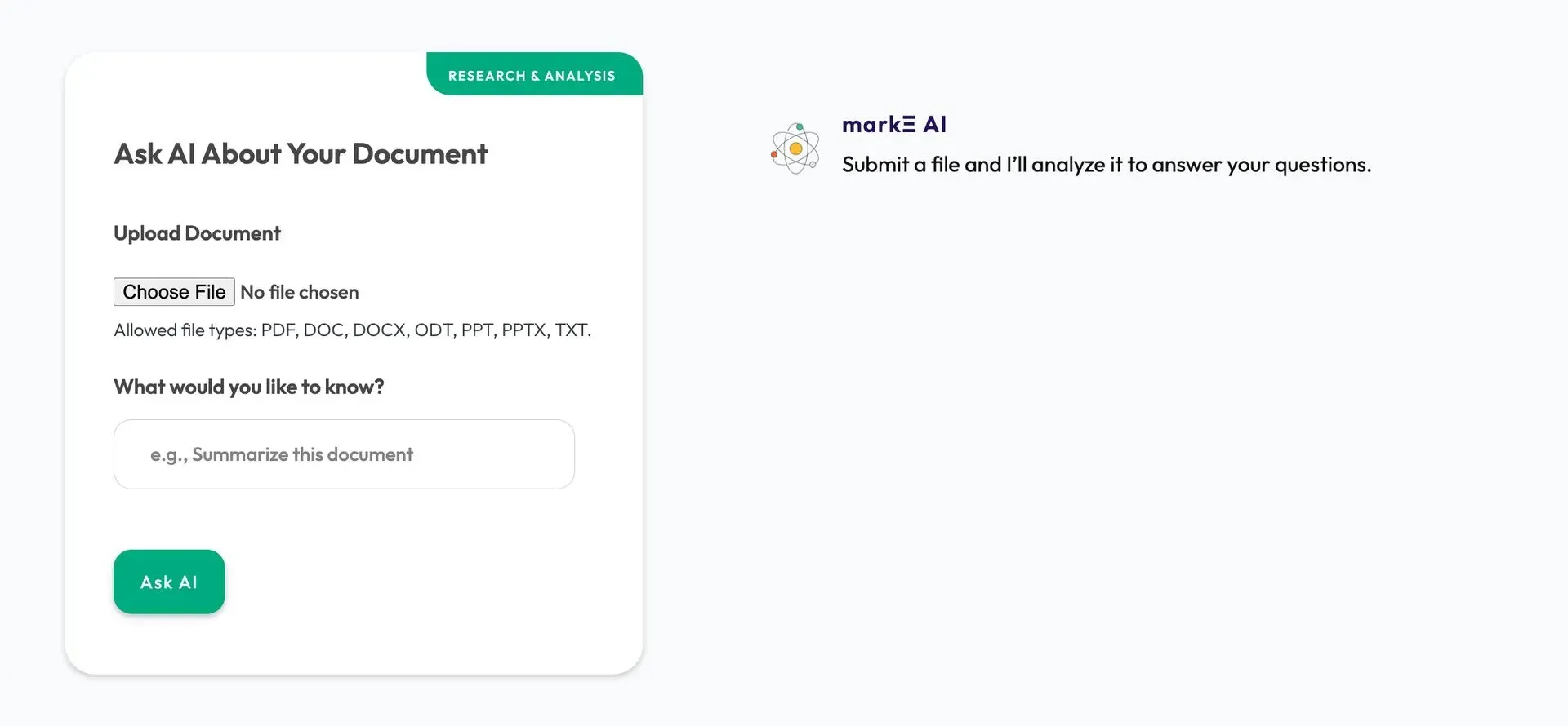 White form card titled “Ask AI About Your Doc” with a green submit button on a light background