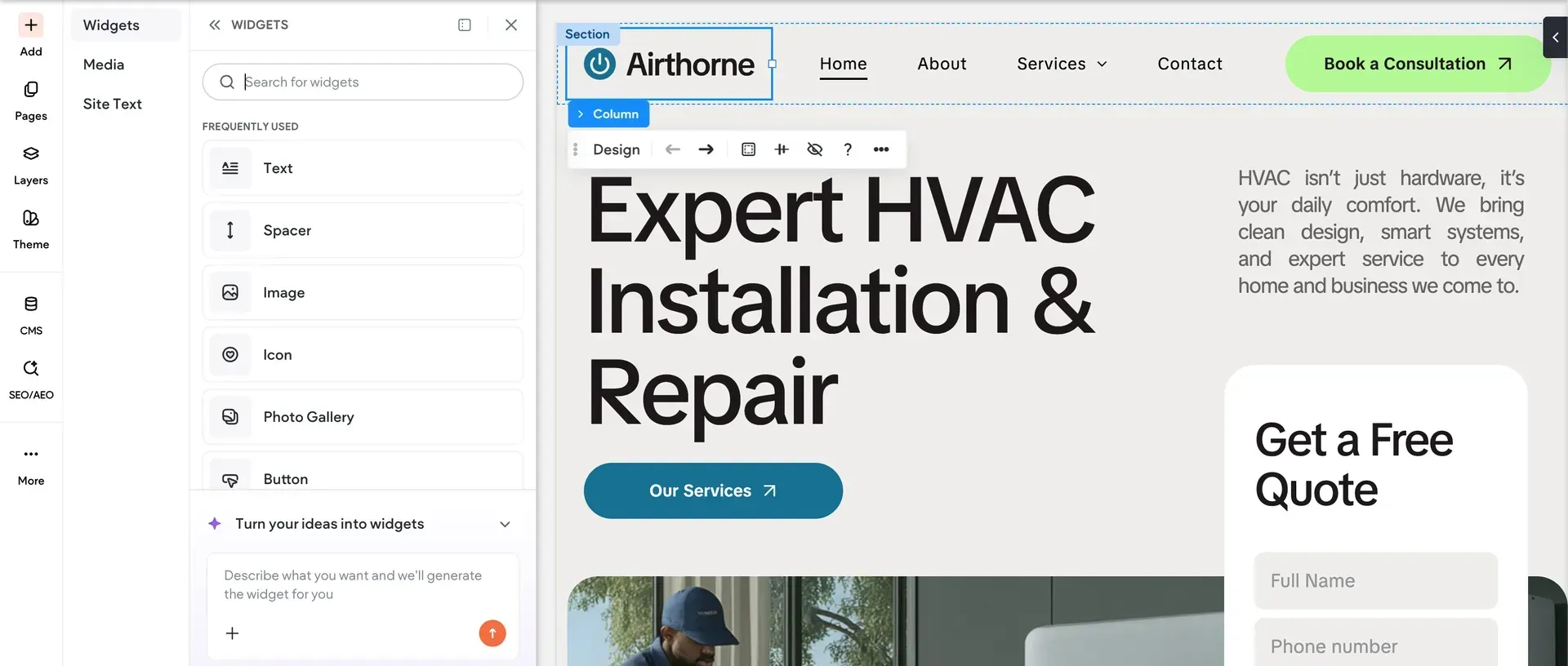 HVAC repair website homepage with large “Expert HVAC Installation & Repair” headline and quote form