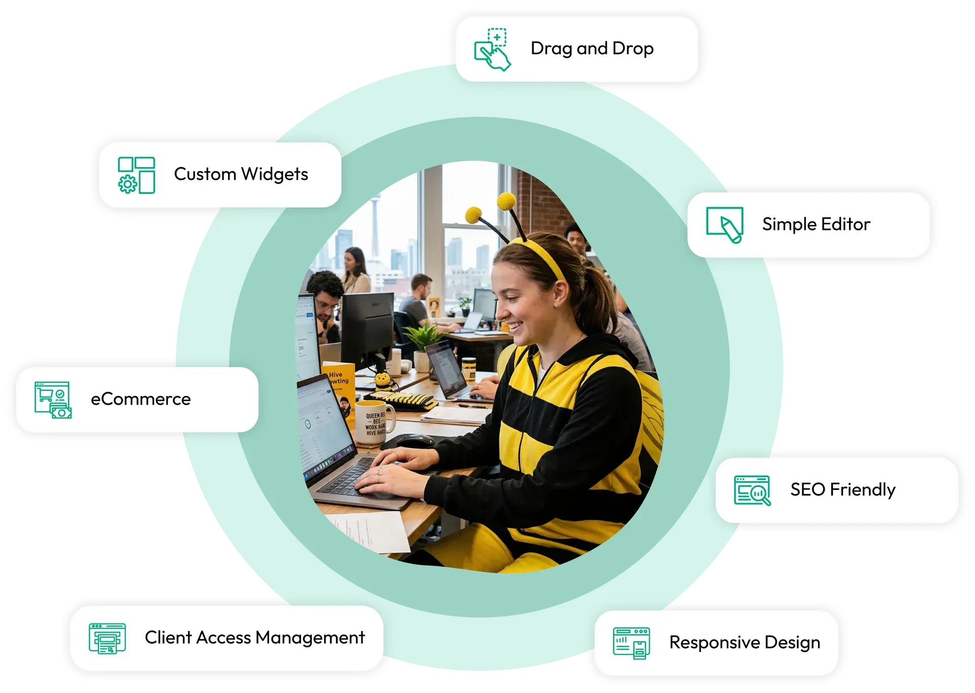 Web design workspace with a woman using a laptop, surrounded by service labels and a teal circular graphic