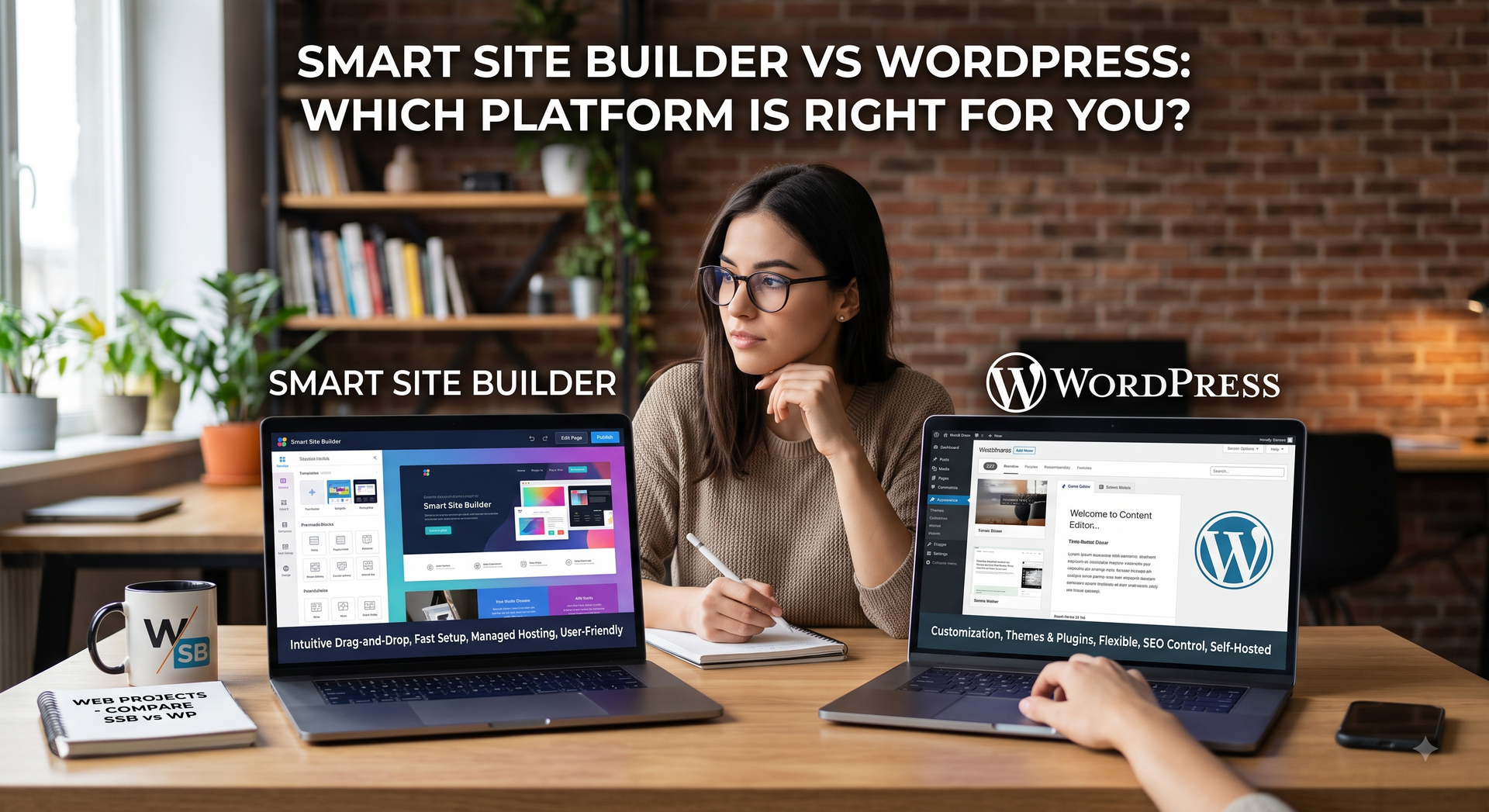 Smart site builder vs WordPress comparison graphic with woman at desk and two laptops displaying each platform