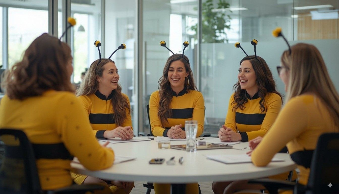 Five people in yellow sweaters talk around a conference table in a bright office meeting room.