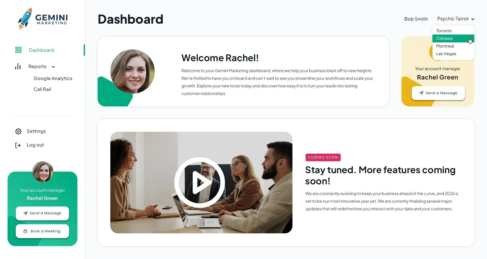 Dashboard with welcome card, profile photo, video thumbnail, and performance summary widgets