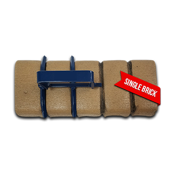 A single brick with a red sticker that says single brick