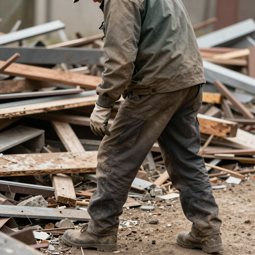 Person in work boots and gloves walking through a debris-covered construction site.