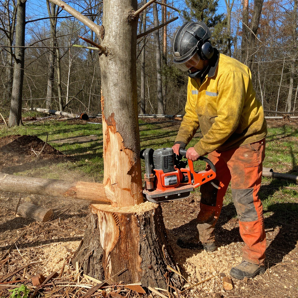 Worker in yellow gear chainsaws a tree trunk in a wooded area, cutting through the base.