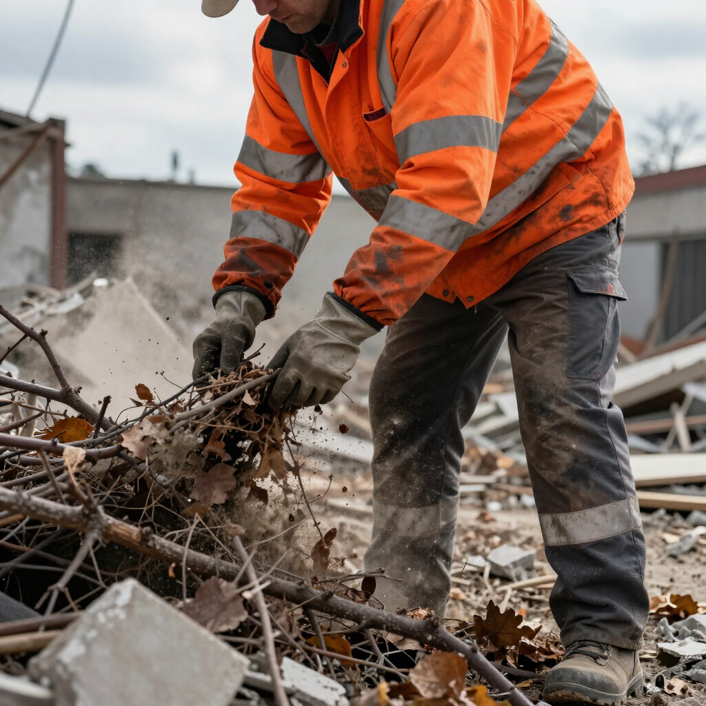Worker in orange safety jacket clearing rubble at a demolition site