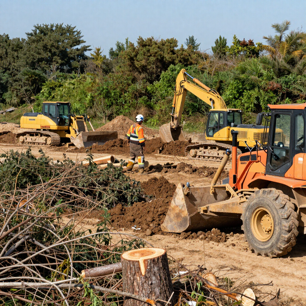 Construction site with excavators and workers clearing dirt and brush near trees