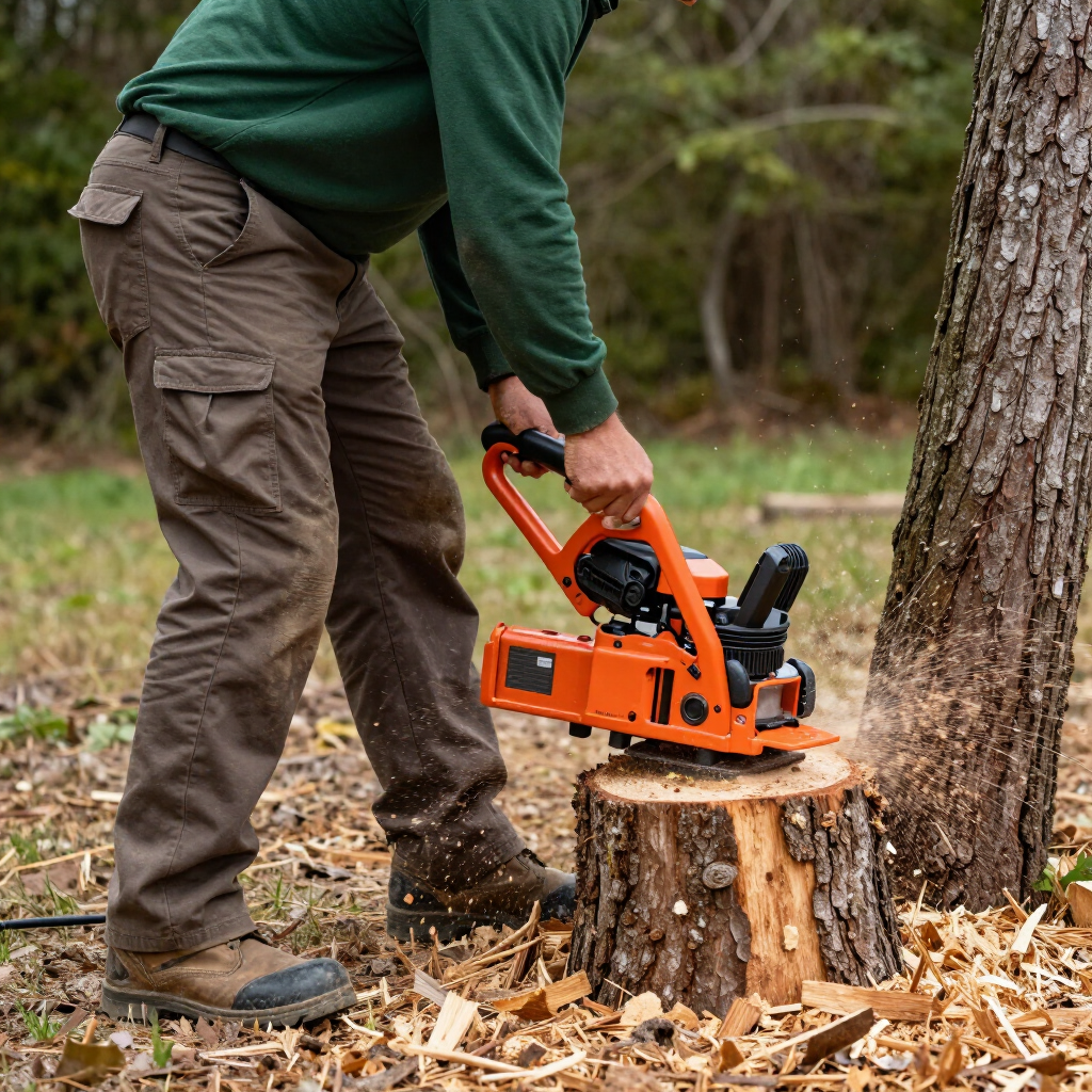 Person using an orange chainsaw to cut a tree stump outdoors amidst wood chips