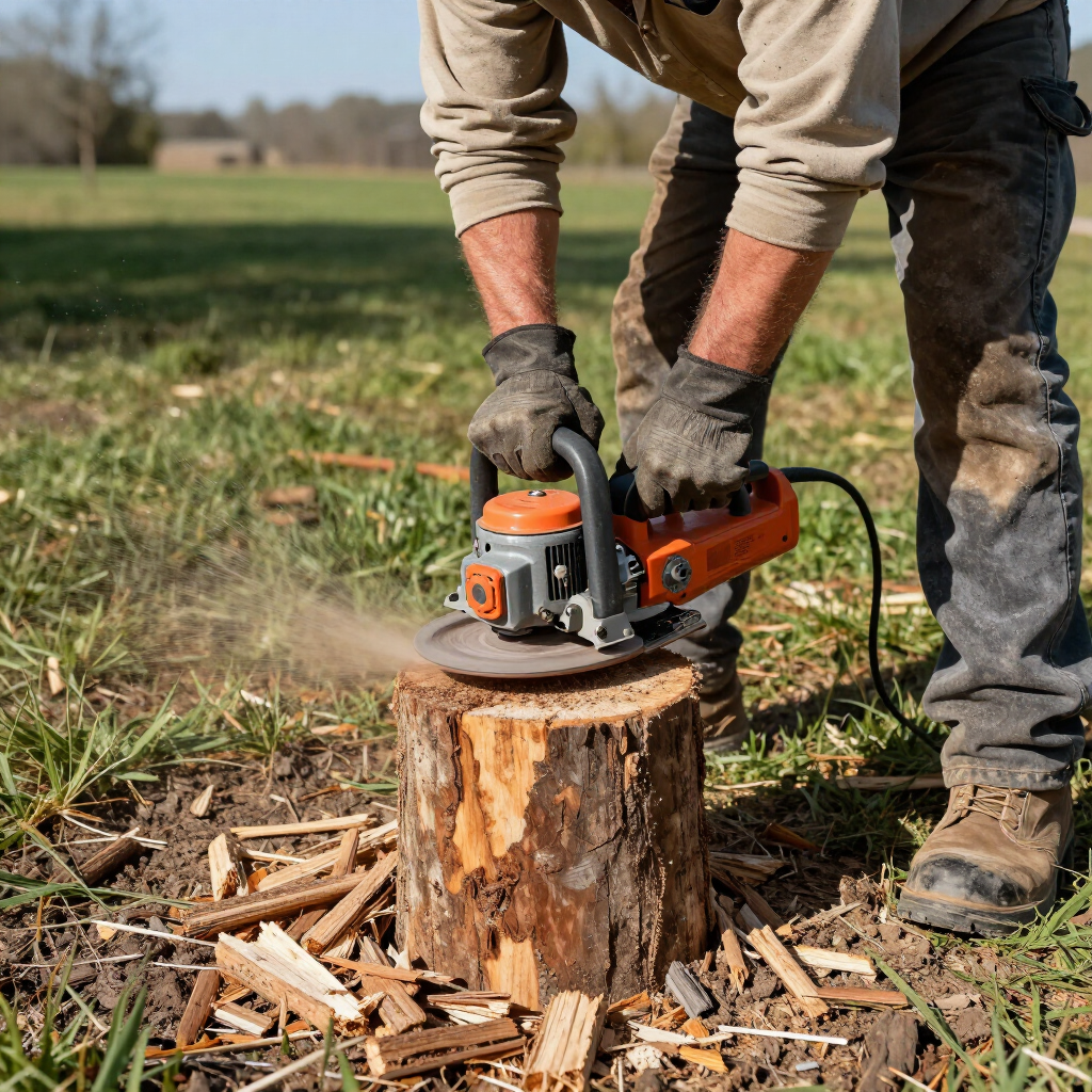 Person using a chainsaw to cut a tree stump in a grassy field