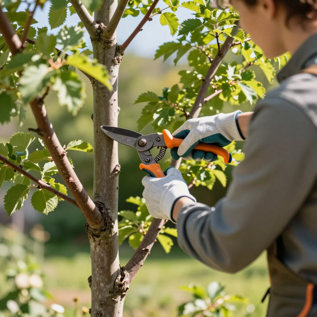 Person pruning tree branches with garden shears in a sunny orchard