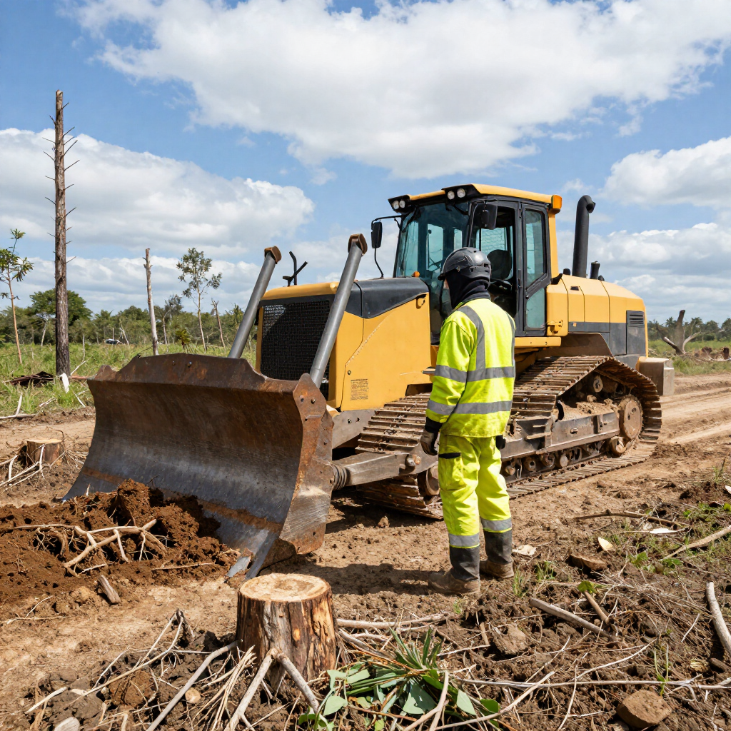Worker in neon safety gear standing by a yellow bulldozer at a cleared logging site.