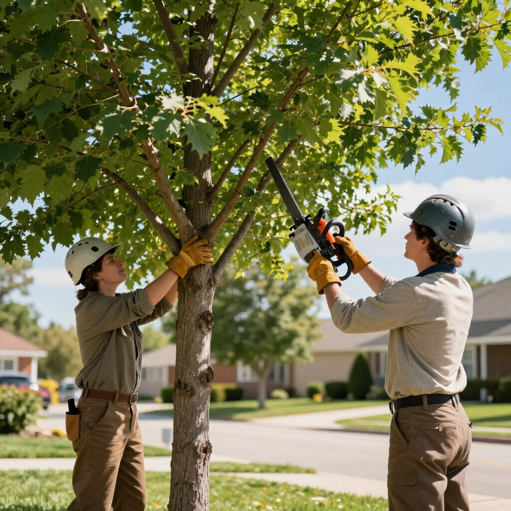Two tree workers wearing hard hats trim branches with pole saws in a suburban yard.