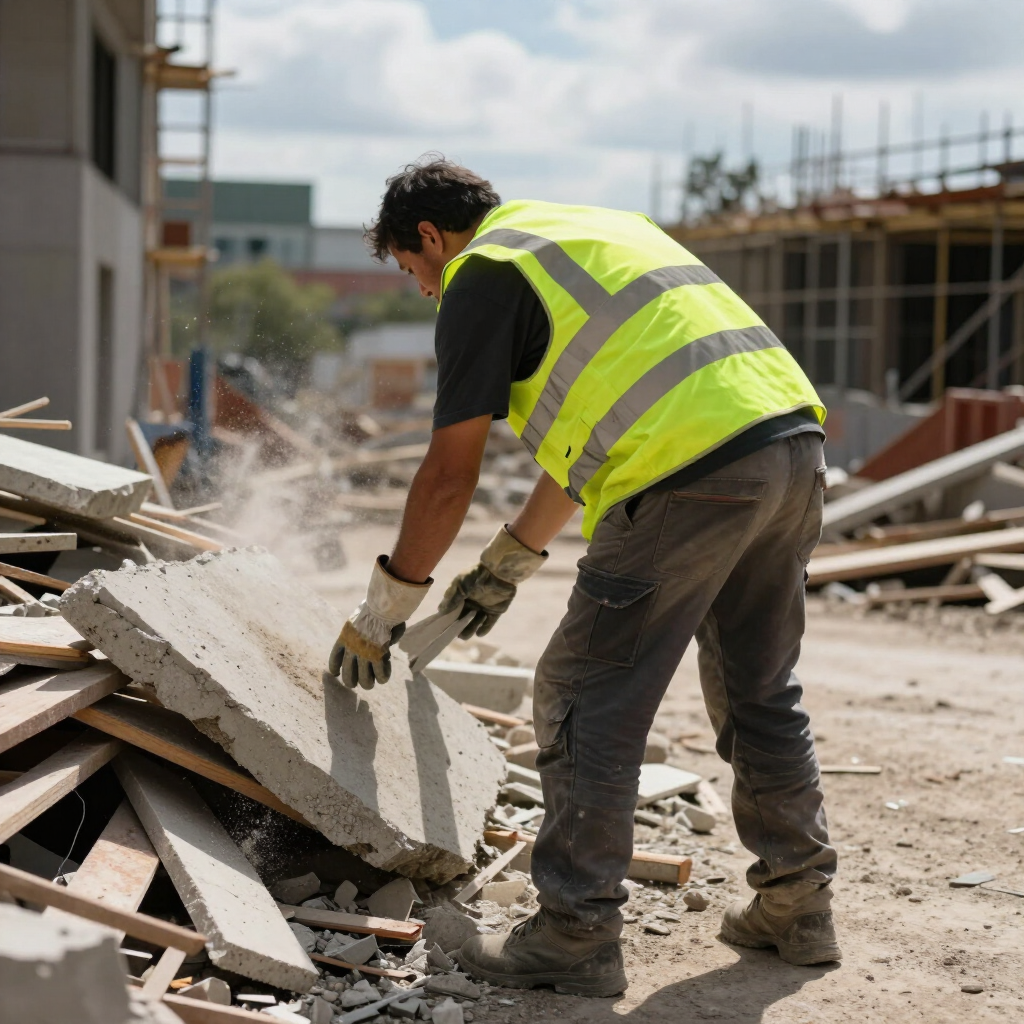 Construction worker in a neon vest lifting debris at a demolition site outdoors