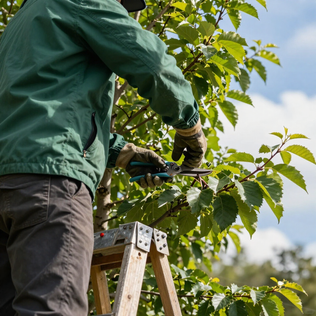 Person pruning tree branches from a wooden ladder under a blue sky