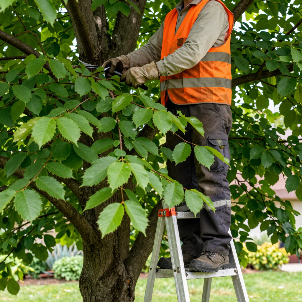Worker in orange safety vest pruning a tree while standing on a ladder in a garden