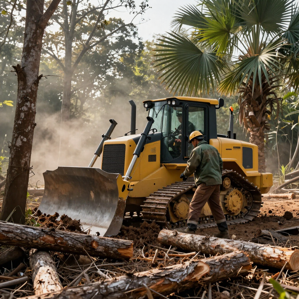 Yellow bulldozer clearing logs in a muddy forest while a worker stands beside it