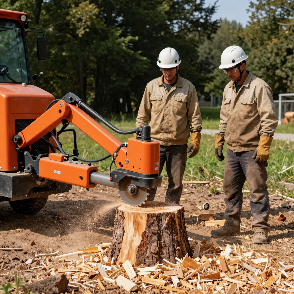 Workers in hard hats using a wood saw attachment to cut a tree stump outdoors