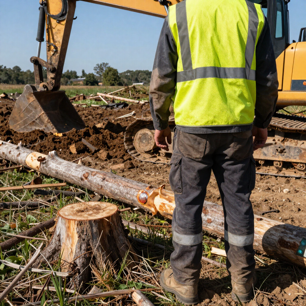 Worker in a neon vest stands by an excavator amid cut logs and debris at a logging site.