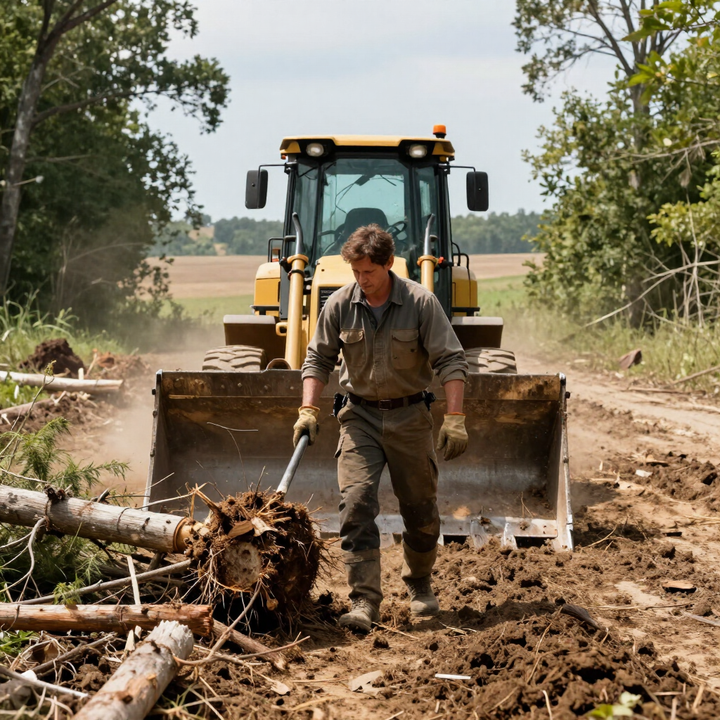 Worker clearing fallen trees in front of a yellow bulldozer on a dirt road