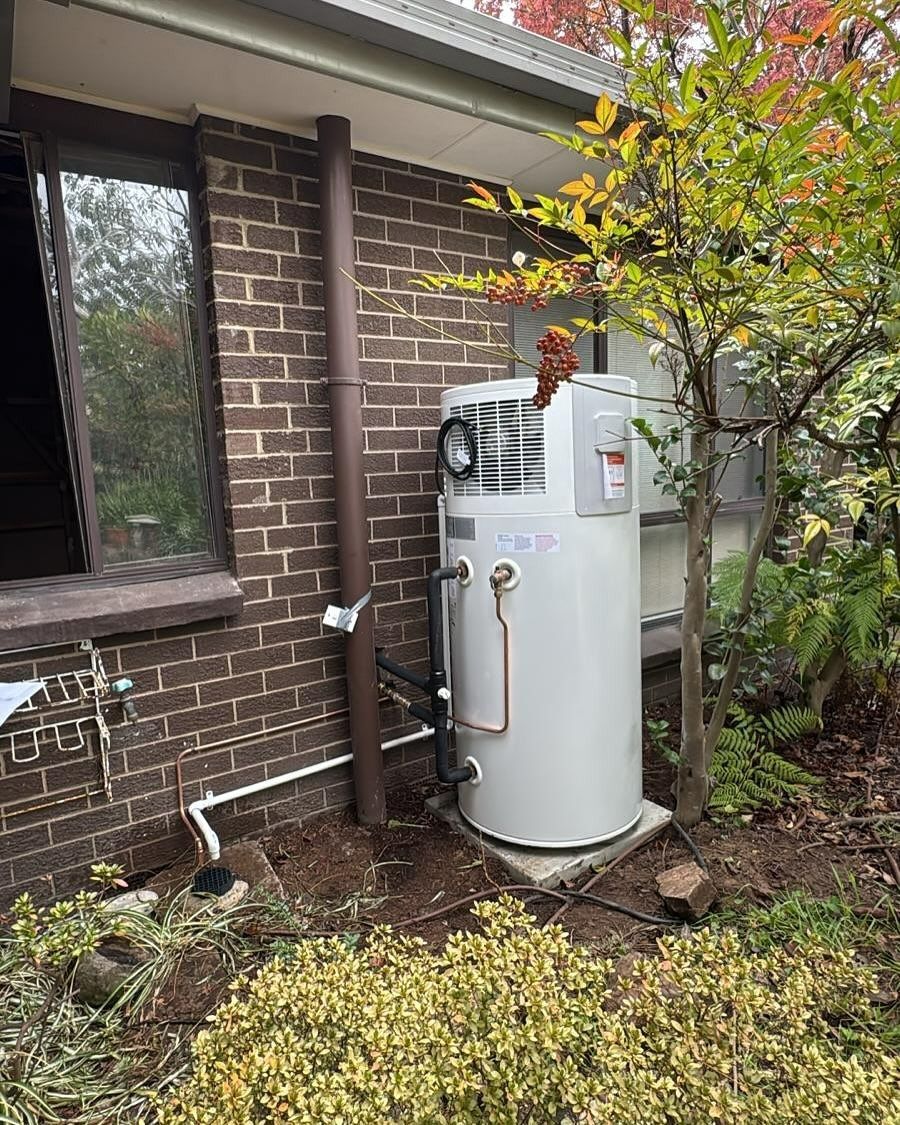 Water heater next to a brick building and a small tree. — Demetrius Projects in Queanbeyan East, NSW