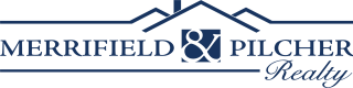 Merrifield & Pilcher Realty logo: dark blue house icon, text
