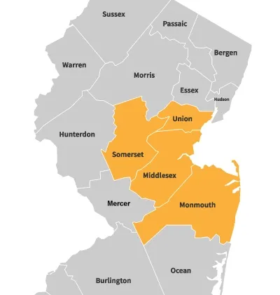 County Serving Area Map of Bill Leary Air Conditioning & Heating Bill Leary HVAC Middlesex, Somerset, Union, Monmouth County HVAC Serving Area