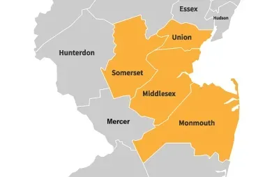 County Serving Area Map of Bill Leary Air Conditioning & Heating Bill Leary HVAC Middlesex, Somerset, Union, Monmouth County HVAC Serving Area